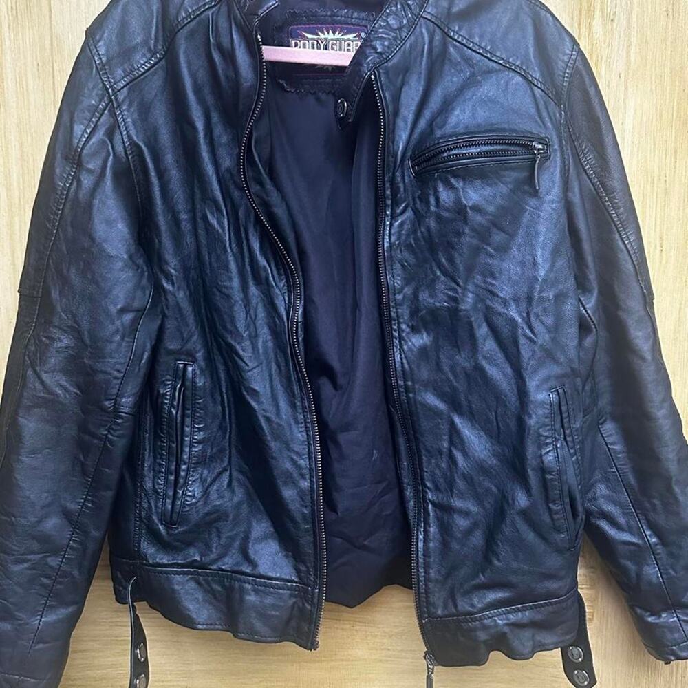 Body Guard Real Leather Jacket Womens L Black Moto Motorcycle Y2K Zip Pocket